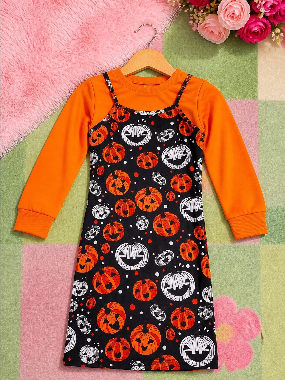 PatPat Orange & Black Pumpkin Print Layered Dress